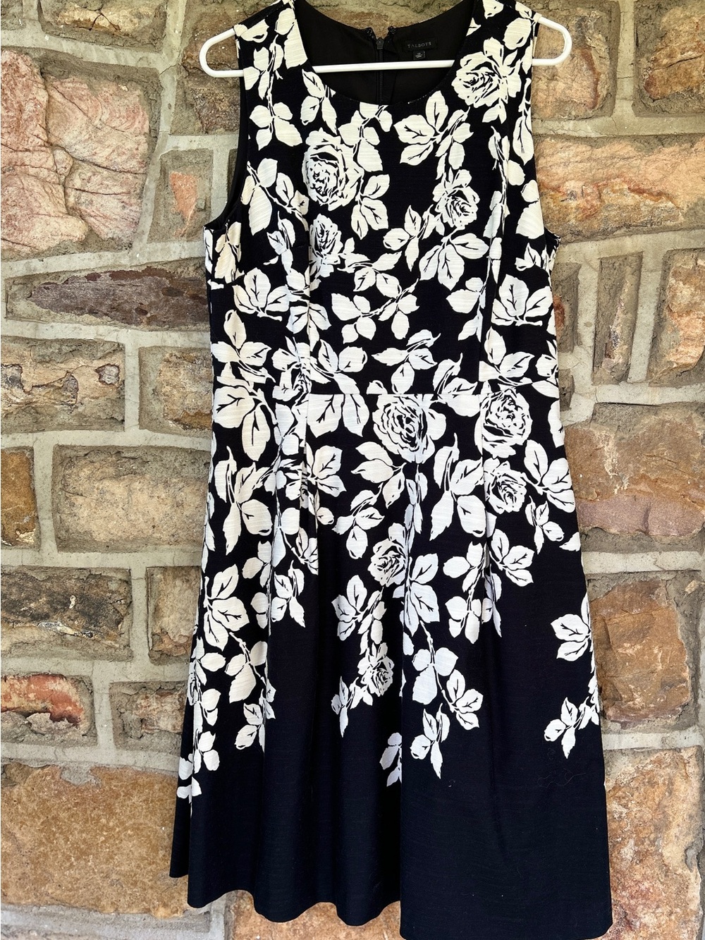 Talbots Black Midi Dress with White Roses Floral Print
